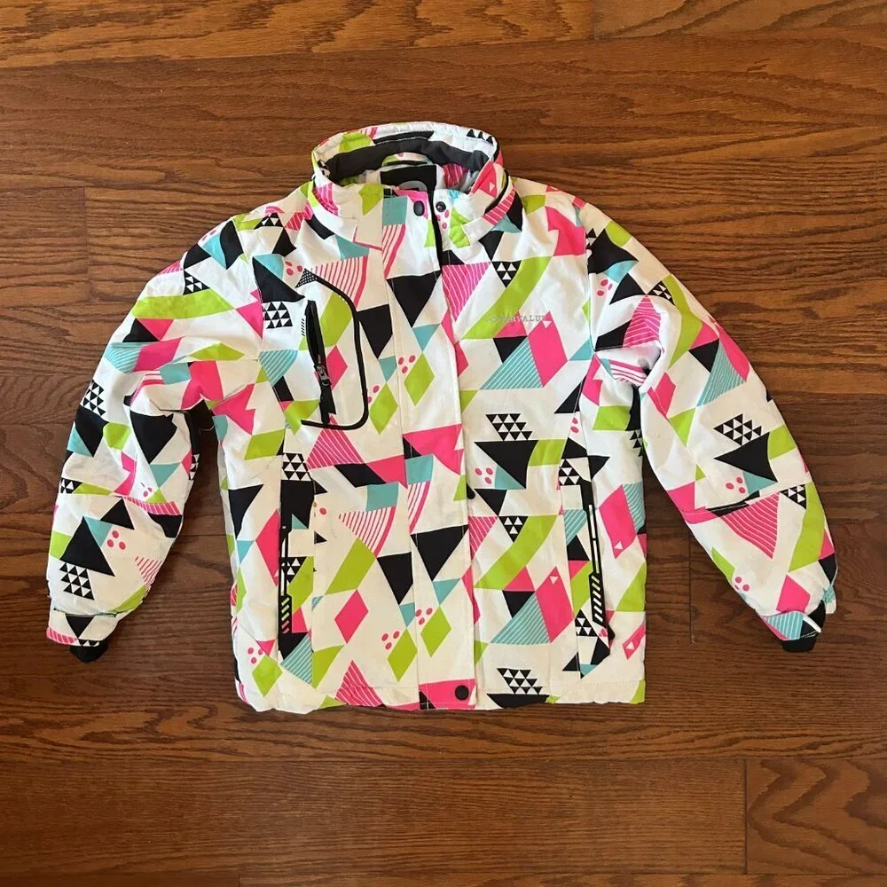Girl's Waterproof Ski Jacket Size Small Colorful Geometric Size 8 High Neck Snow